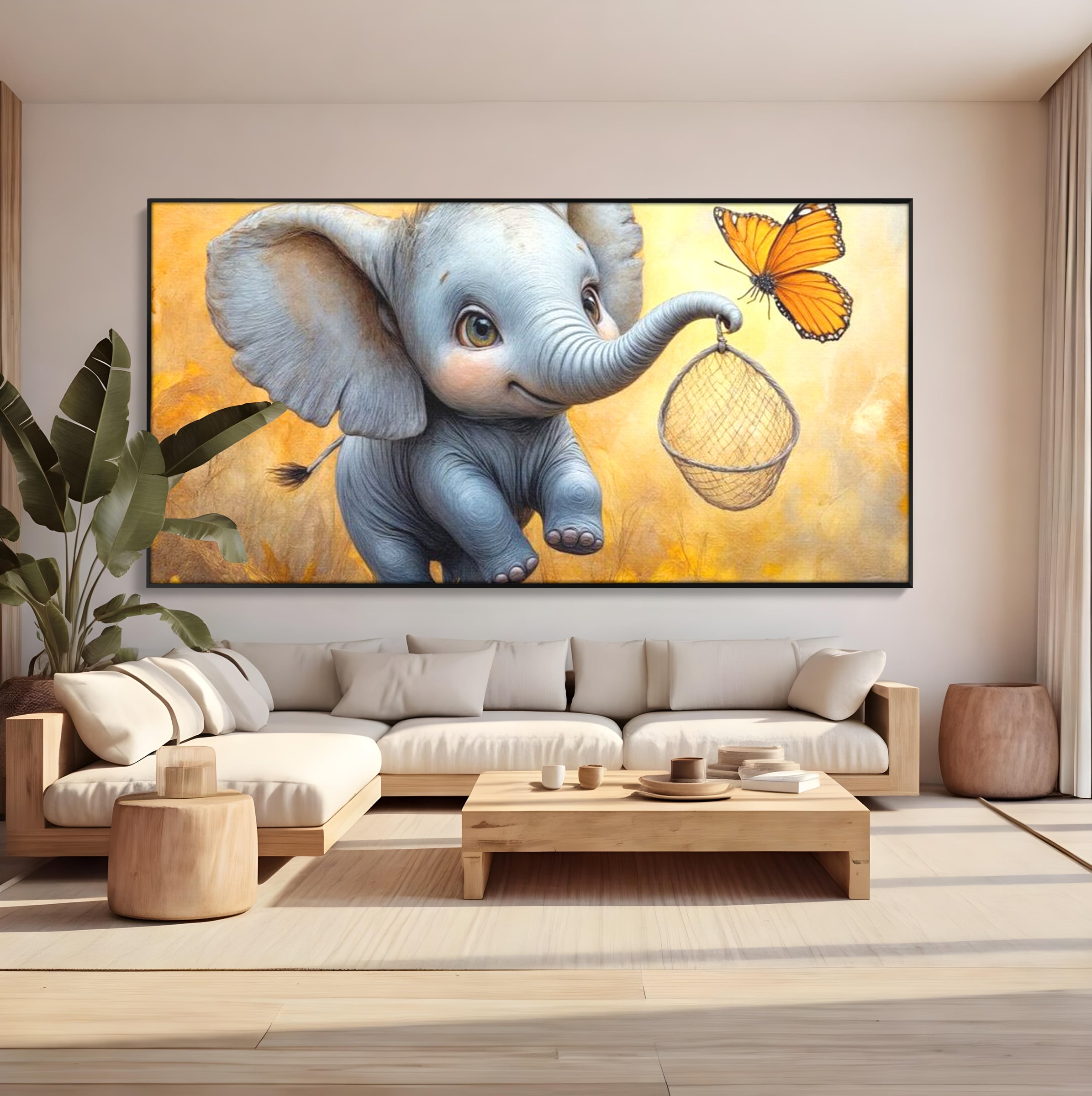 Tablou canvas cu ilustratie cu elefantel si fluture, in rama de aluminiu negru, pe perete intr-un living